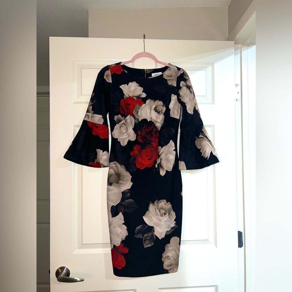 Calvin Klein Black Floral Long Sleeve Dress